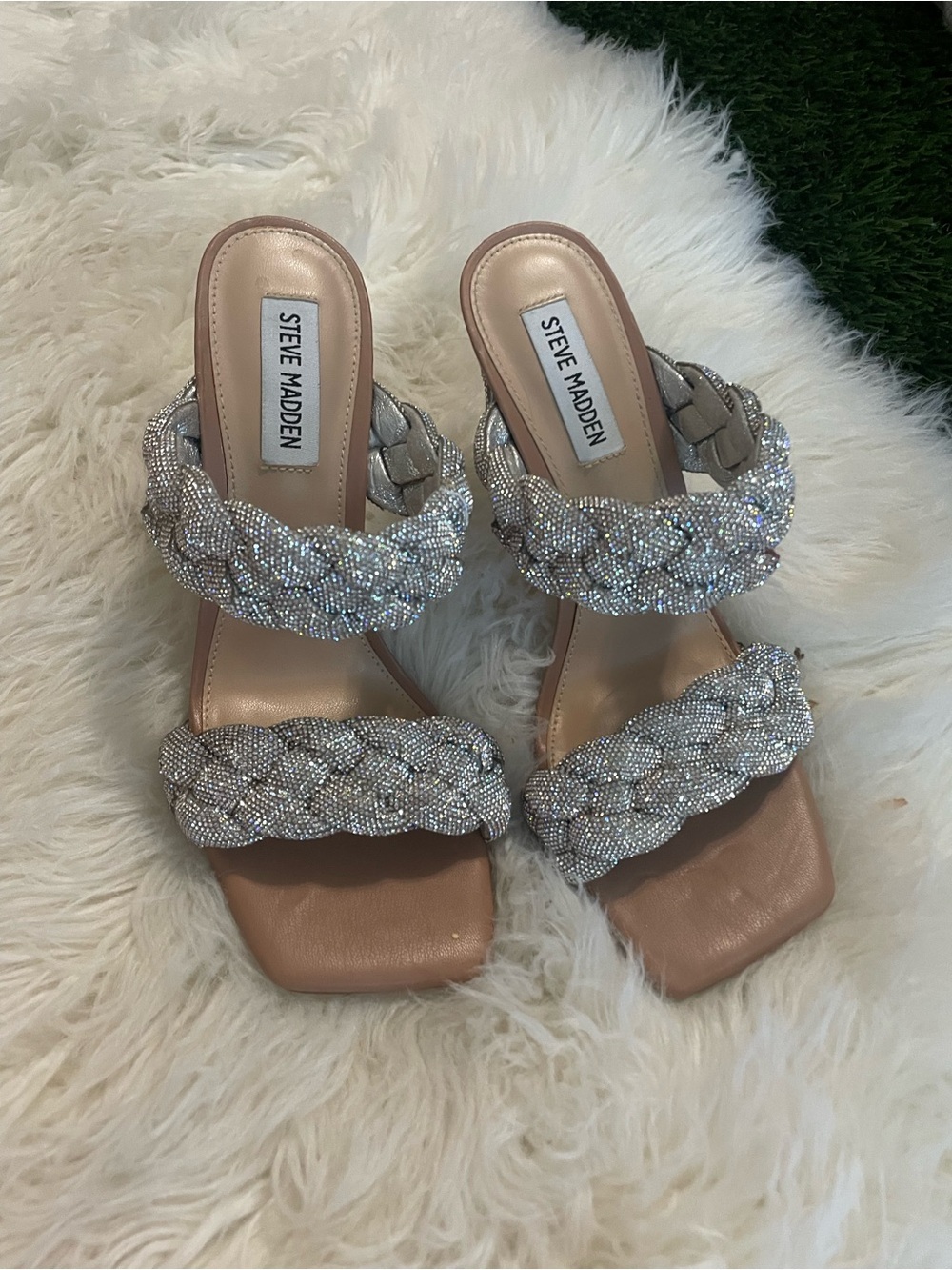 Steve Madden Silver Braided Crystal Double-Strap Heels